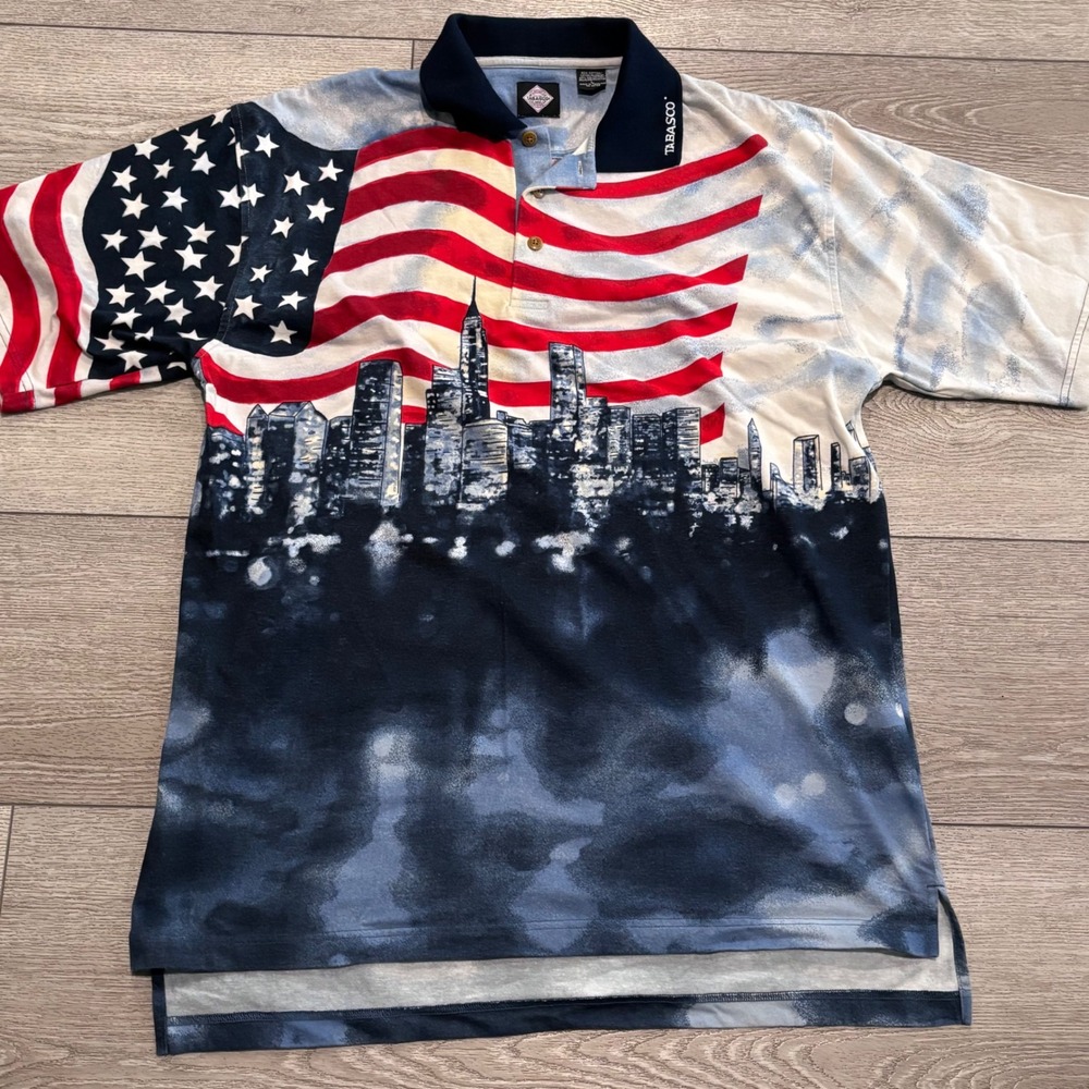 Tabasco Polo Shirt Mens Large American Flag NYC Skyline Patriotic Graphic USA